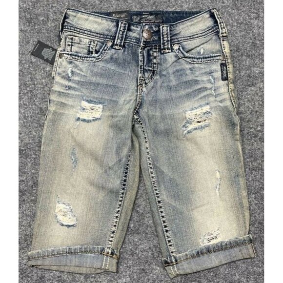 Silver Jeans Suki Flap Shorts Womens 24 Curvy Fit Blue Denim Bermuda Stretch New - Picture 1 of 10